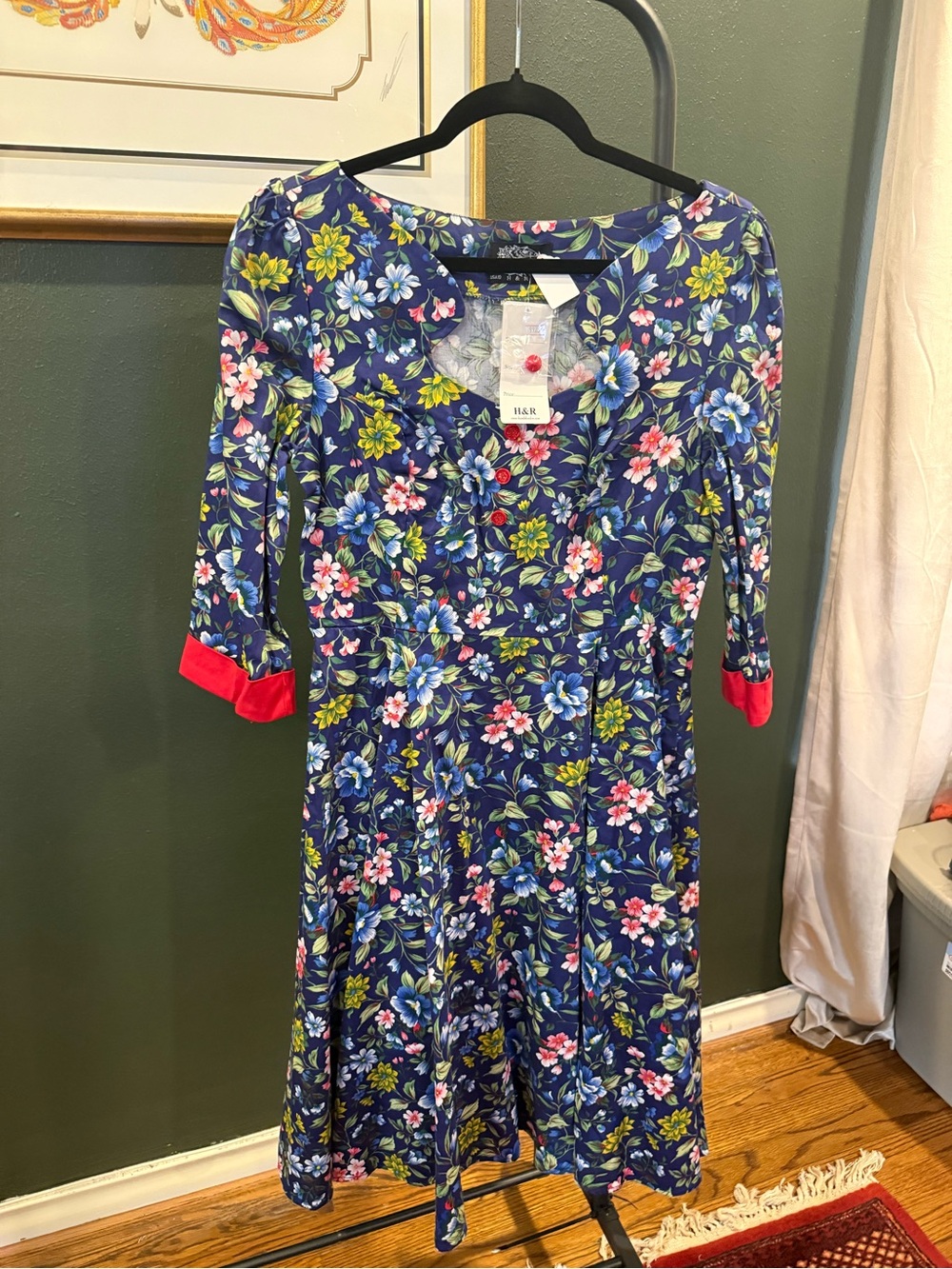 Hearts & Roses blue Floral Fit-and-Flare Dress with red Accents